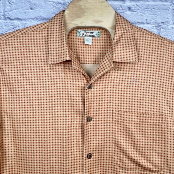 Vintage Tommy Bahama Men Orange Hawaiian Short Sleeve 100% Silk Shirt Large Flaw - Picture 1 of 7